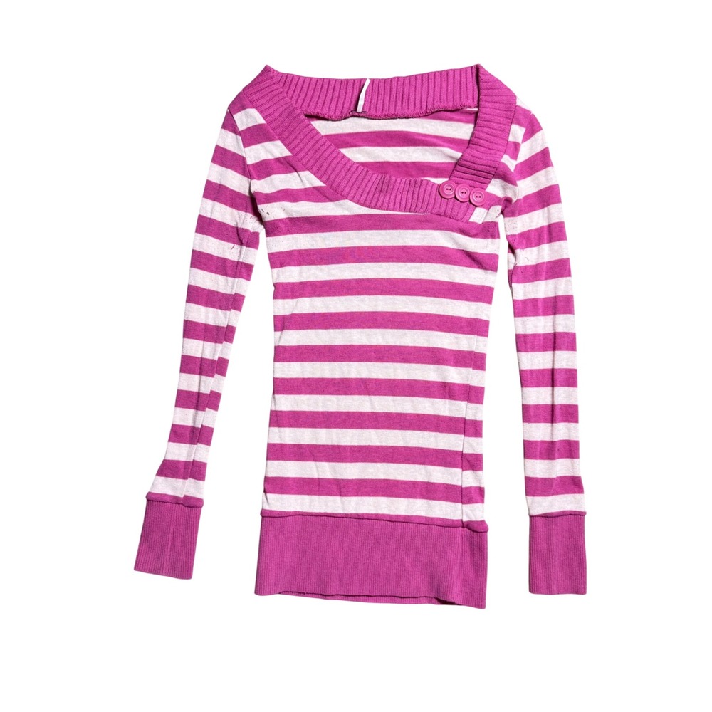 Poof! Pink White Striped Long Sleeve Asymmetrical Button Neck Top